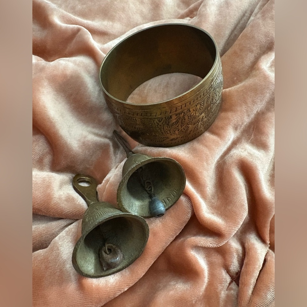 Set of Two Brass Bells and Chunky Brass Bangle Bracelet Made in India Vintage - Picture 2 of 6